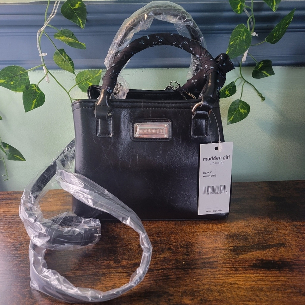 Madden Girl Black Mini Satchel Bag Faux Leather Scarf Detail Crossbody NWT